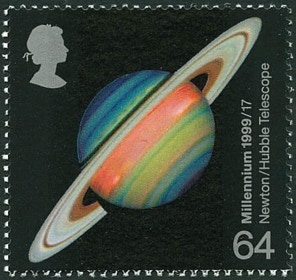 GB stamp comemorating Isaac Newton and the Hubble Space Telescope