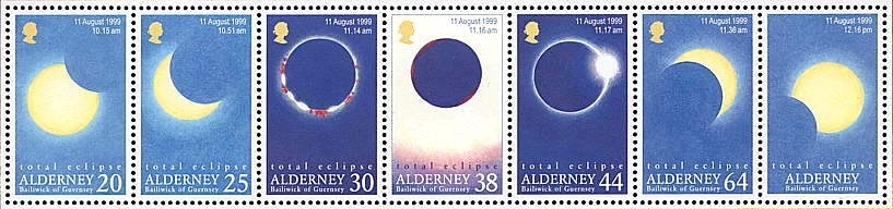Alderney stamp strip commemorating the total solar eclipse of 1999 August 11