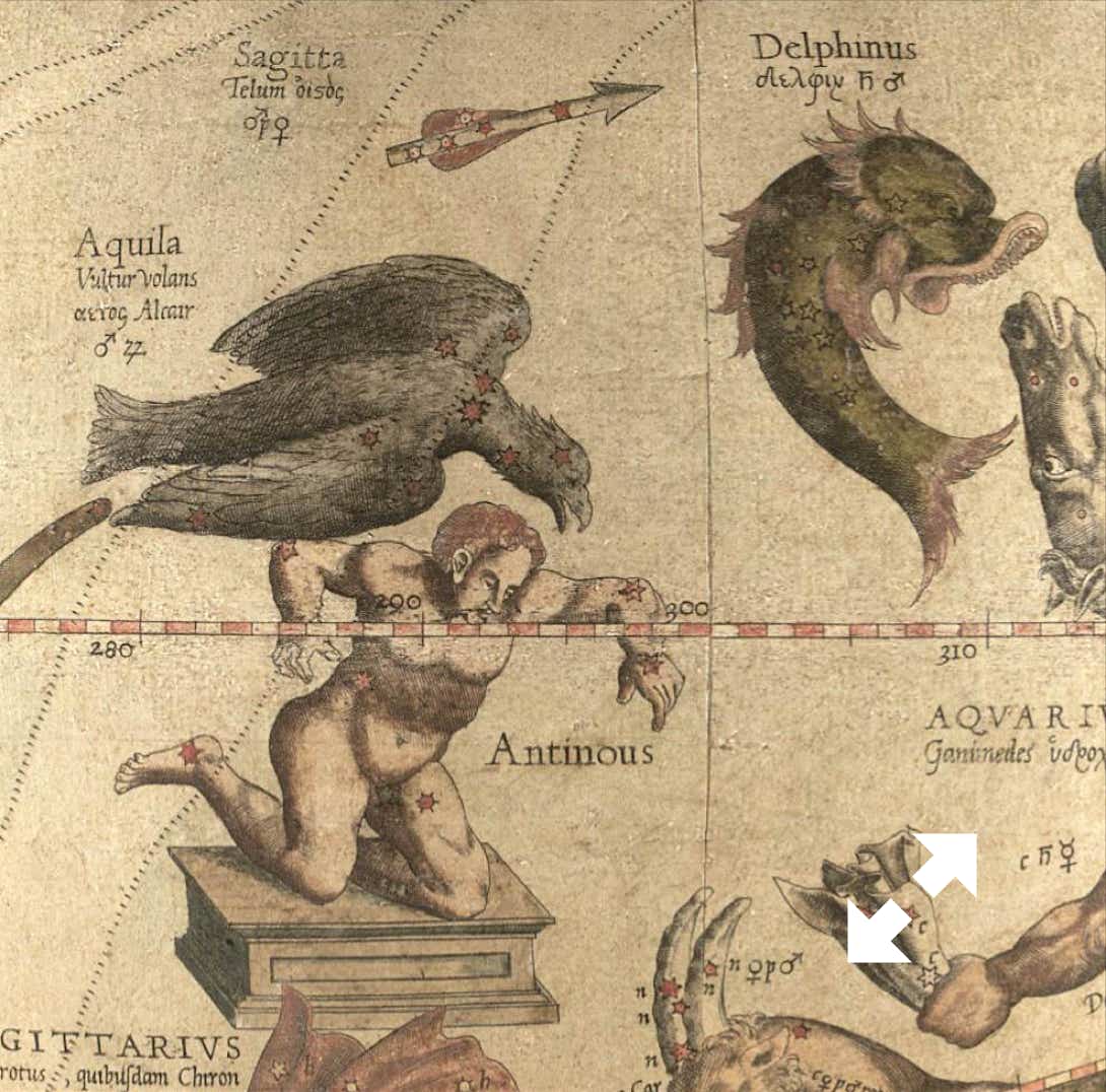 Antinous shown on Mercator's globe of 1551