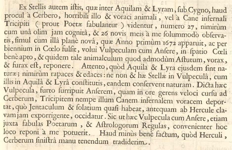 Hevelius's description of Vulpecula and  Cerberus