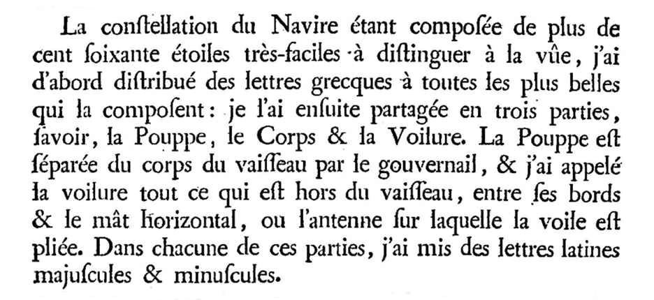 Lacaille's description of his division of Argo into three parts.