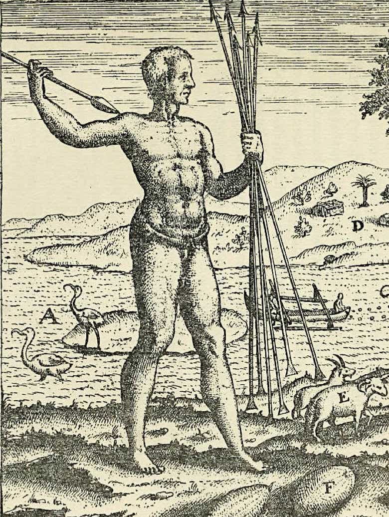 This engraving of a spear-carrying native of Madagascar resembles depictions of the constellation Indus on various early globes and atlases.