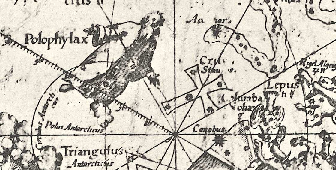 Polophylax and Columba depicted on a small celestial hemisphere of 1592 by Petrus Plancius.