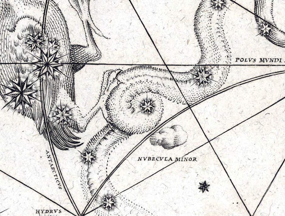 The globular cluster 47 Tucanae on Johann Bayer's southern star chart