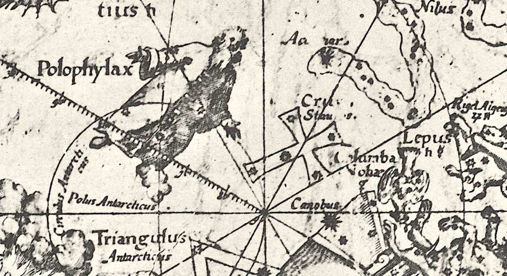 Crux depicted on a small celestial hemisphere of 1592 by Petrus Plancius.