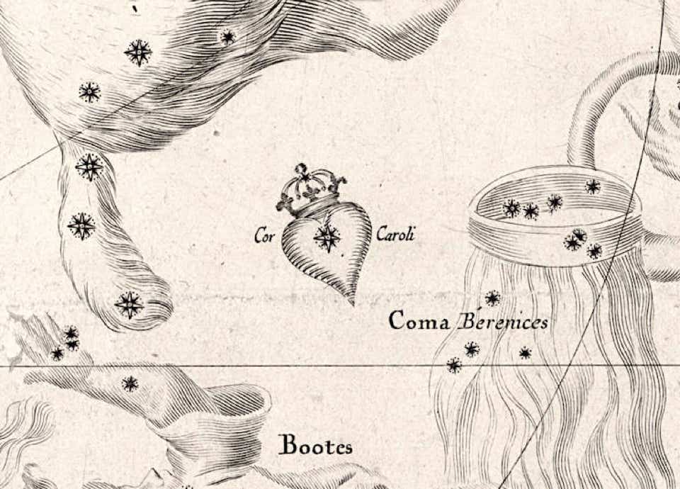 Cor Caroli on a chart from 1679 by Edmond Halley and John Seller