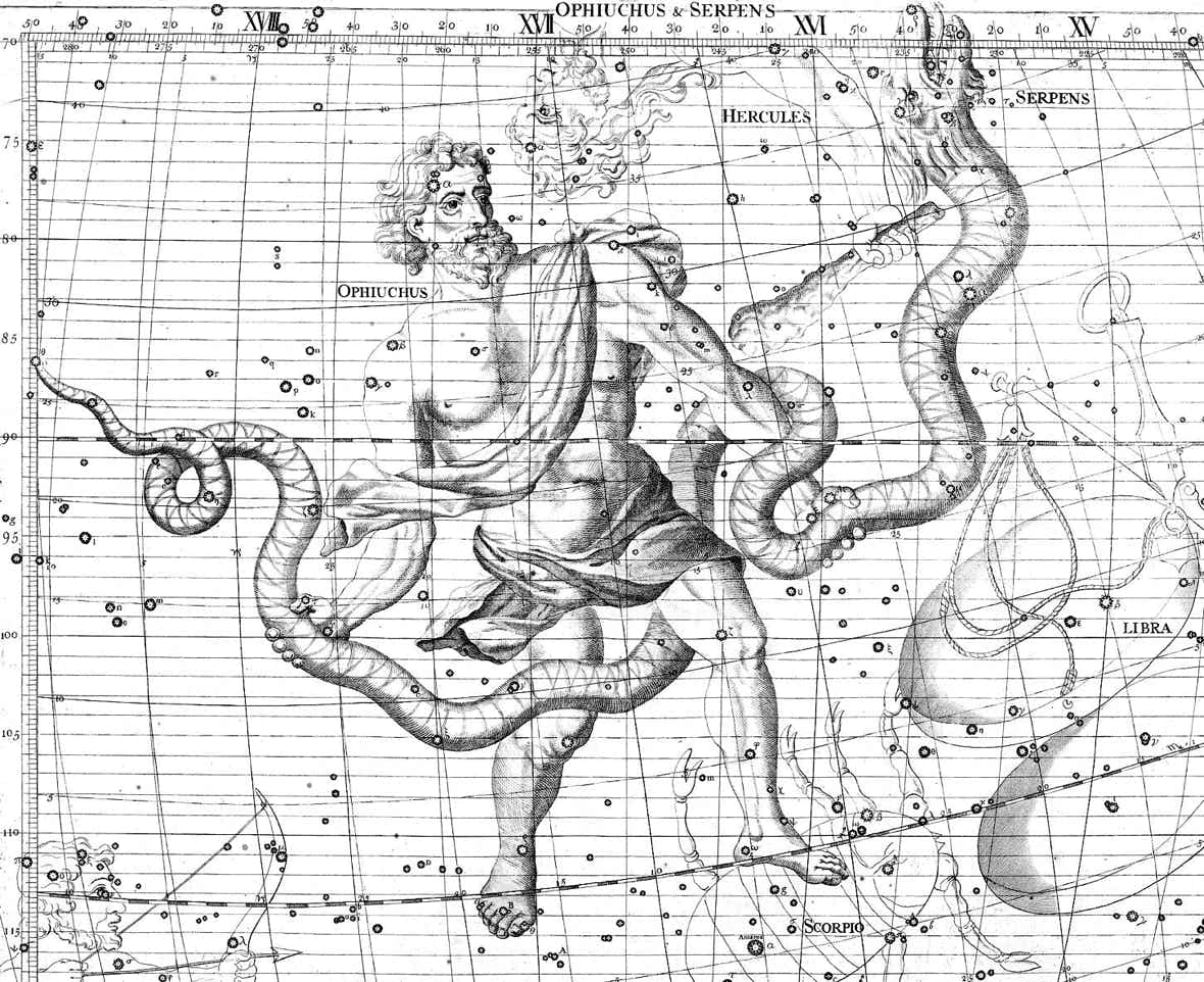 Ophiuchus holds Serpens as shown in the Atlas Coelestis of John Flamsteed