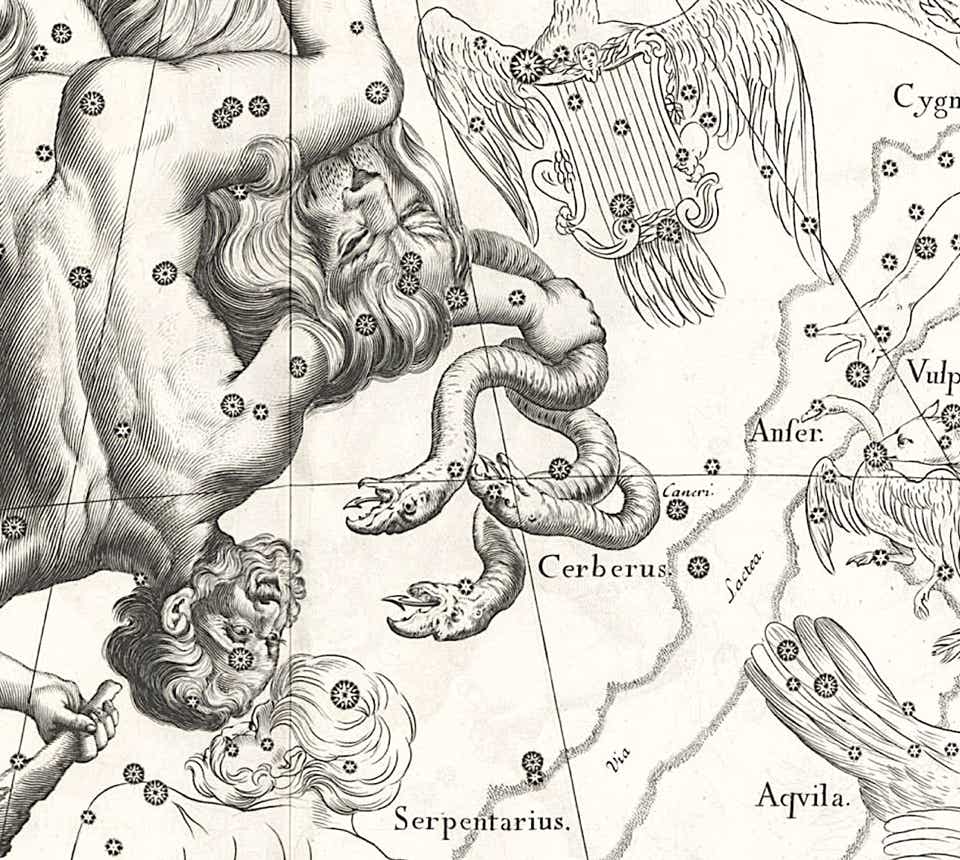 Cerberus on the Firmamentum Sobiescianum star atlas of Johannes Hevelius 