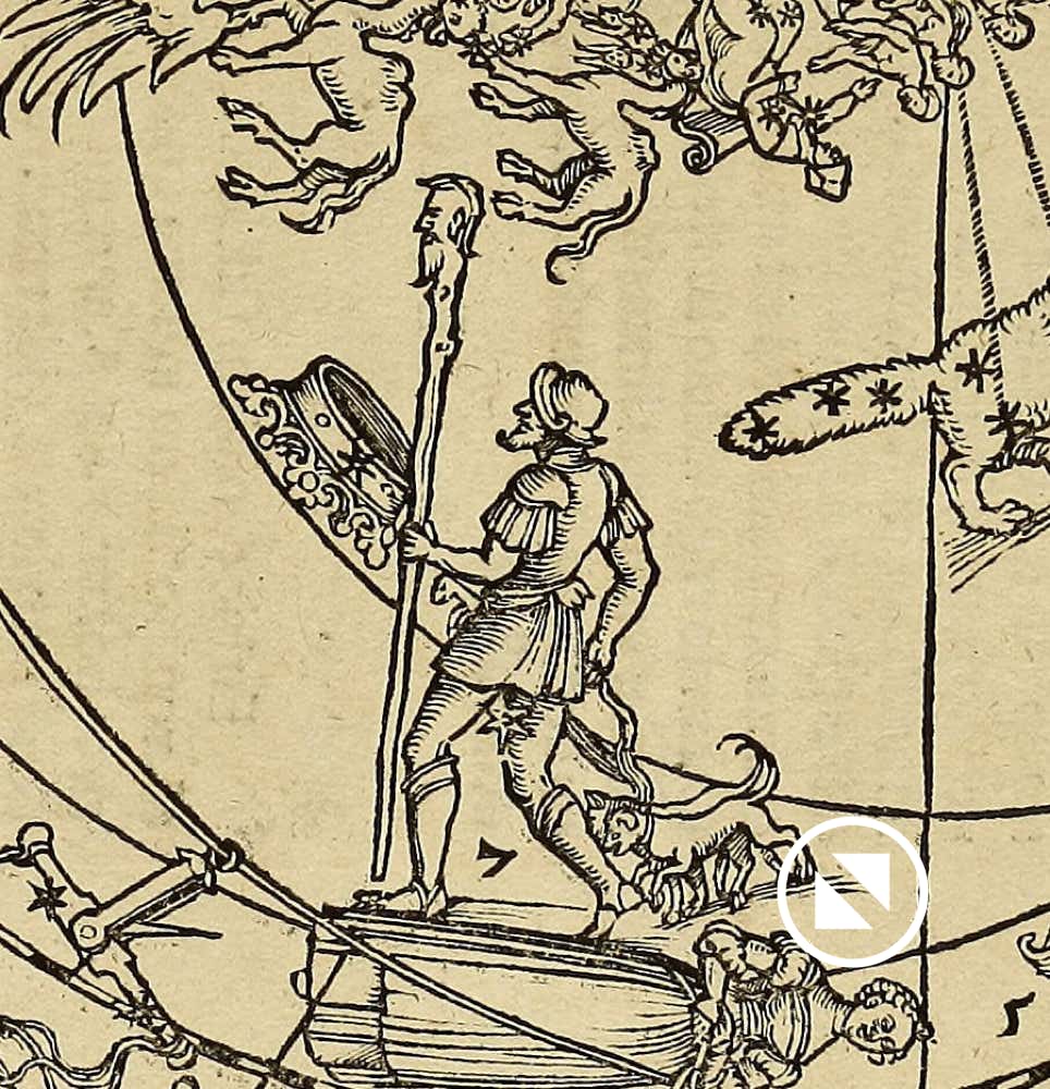 Boötes followed by two dogs on this chart from Horoscopion Generale by Petrus Apianus (1533)