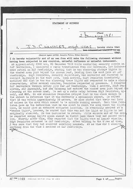 Page 1 of Chandler's Rendesham Forest UFO statement