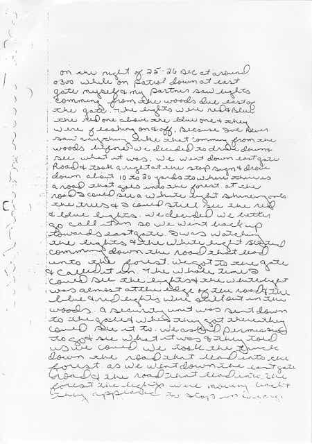 Page 1 of Burroughs' Rendesham Forest UFO statement