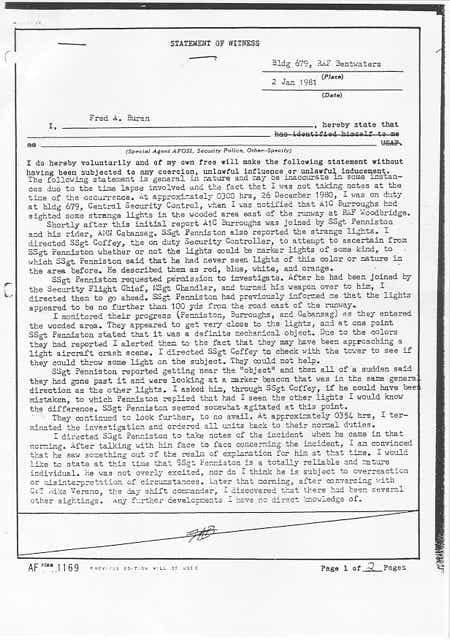 Page 1 of Buran's Rendesham Forest UFO statement