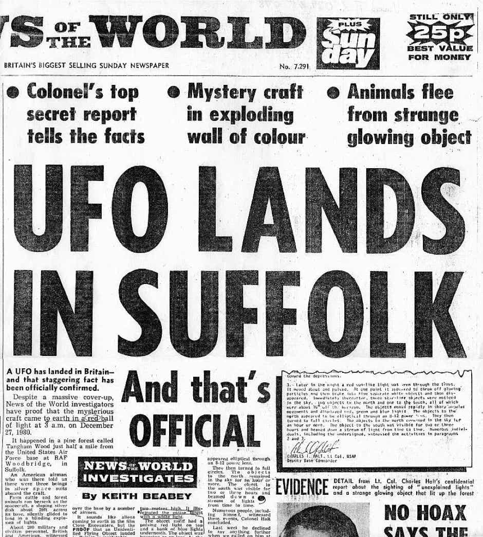News of the World Rendlesham UFO headline